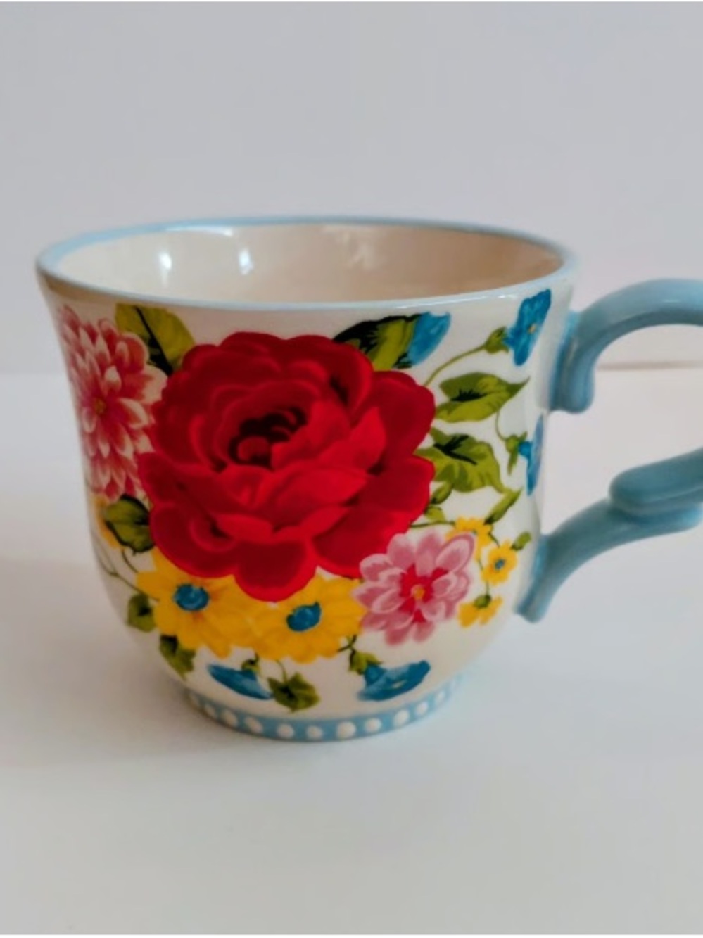 Floral Ceramic Mug with Red Rose and Light Blue Handle